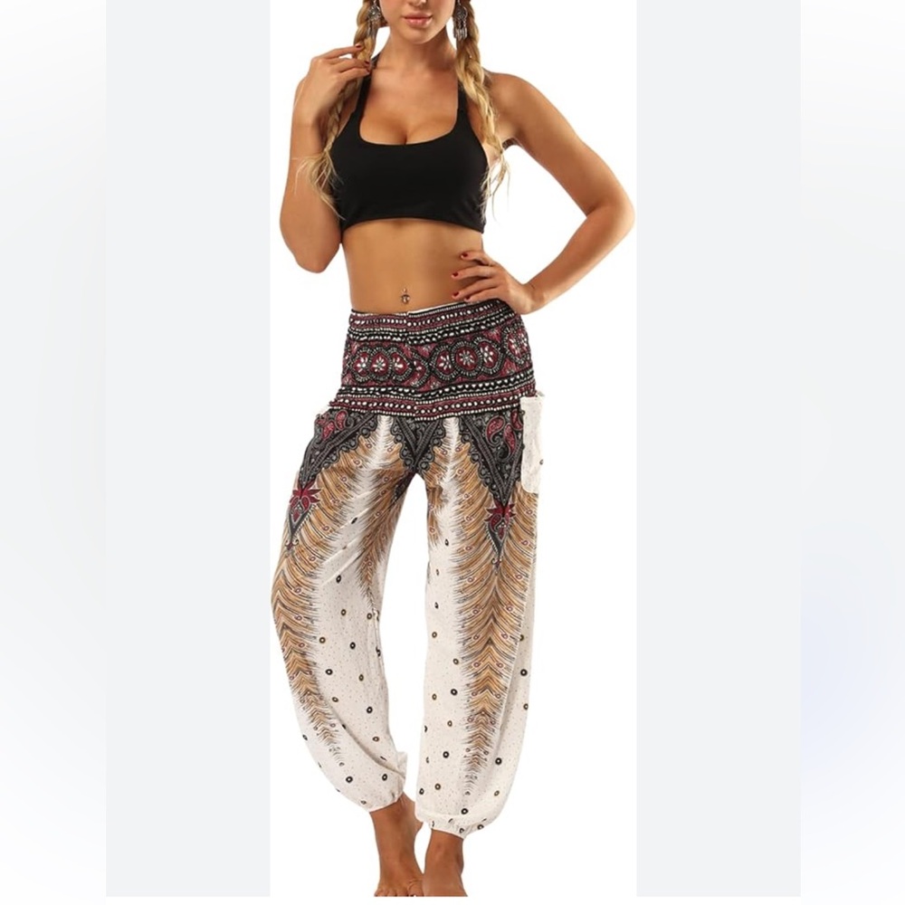 Women's Boho Pants Harem Smocked Waist Yoga Hippie Palazzo Summer Beach Pants Lg